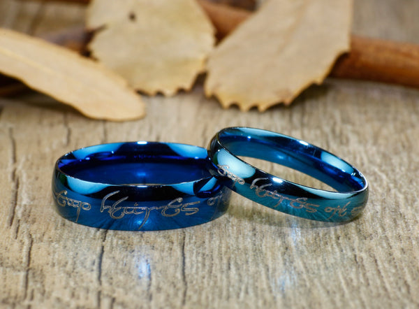 Handmade Blue Dome shape Custom Your words in Elvish, Lord of the Rings,  Matching Wedding Bands, Couple Rings Set, Titanium Rings Set, Anniversary Rings Set - jringstudio
