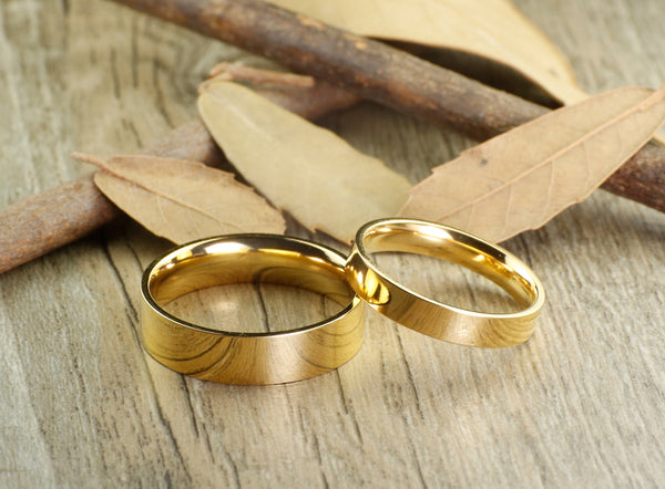 Handmade Gold Flat Plain Matching Wedding Bands, Couple Rings Set, Titanium Rings Set, Anniversary Rings
