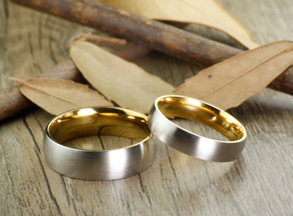 Handmade Gold Matte Wedding Bands, Couple Rings Set, Titanium Rings Set, Anniversary Rings Set