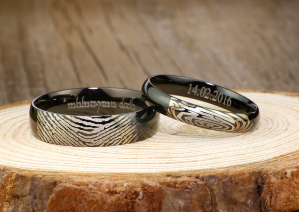 Your Actual Finger Print Rings, His and Her Promise Rings  - Black Wedding Titanium Rings Set