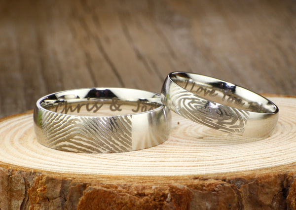 Your Actual Finger Print Rings, Custom Gifts His and Her Promise Rings  - Matt Silver Wedding Titanium Rings Set