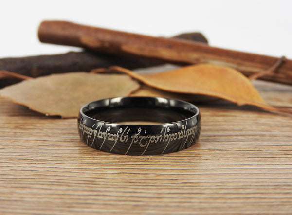 Handmade Black Dome shape Custom Your words in Elvish, Lord of the Rings , Matching Wedding Bands, Couple Rings, Titanium Rings, Anniversary Rings - jringstudio