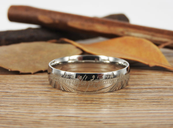Handmade Dome shape Custom Your words in Elvish Tengwar, Lord of the Rings, Wedding Bands, Couple Ring, Titanium Ring  Anniversary Ring - jringstudio
