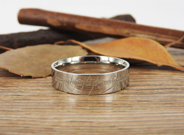 Handmade Flat Polish Custom Your words in Elvish Tengwar, Lord of the Rings, Wedding Bands, Couple Ring, Titanium Ring  Anniversary Ring