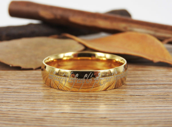 Handmade Gold Filled Dome Custom Your words in Elvish Tengwar, Wedding Bands, Couple Ring, Titanium Anniversary Ring