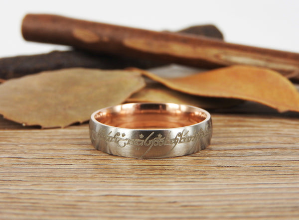 Handmade Two Tone Dome shape Custom Your words in Elvish, Lord of the Rings , Matching Wedding Bands, Couple Rings, Titanium Rings, Anniversary Rings