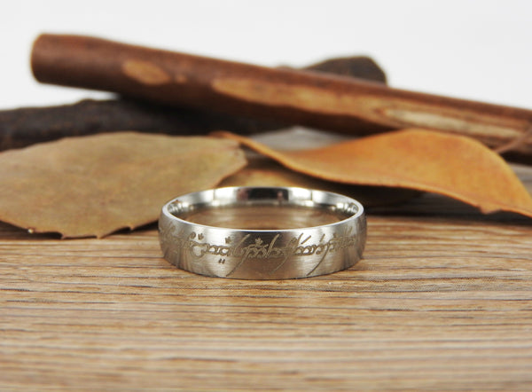 Handmade Dome shape Custom Your words in Elvish Tengwar, Lord of the Rings, Wedding Bands, Couple Ring, Titanium Ring  Anniversary Ring - jringstudio