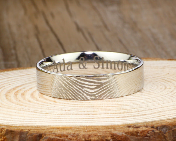 Your Actual Finger Print Rings, WEDDING RING - White Gold Tone Titanium Rings 6mm