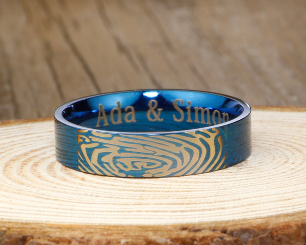Your Actual Finger Print Rings, PROMISE RING - Men Ring, Blue Flat Titanium Rings 6mm