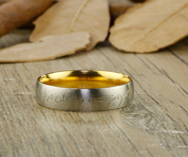 Handmade Gold Dome shape Custom Your words in Elvish Tengwar, Lord of the Rings,  Matching Wedding Bands, Couple Rings Set, Titanium Anniversary Rings Set