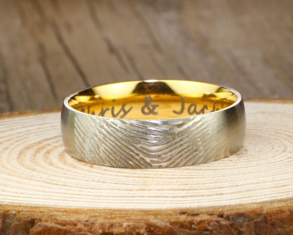 Your Actual Finger Print Rings, Handmade Men Dome RINGS - Two Tone Gold Titanium Rings 7mm