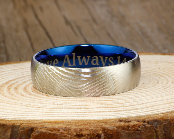Your Actual Finger Print Rings, Handmade Men Dome RINGS - Two Tone Blue Titanium Rings 7mm