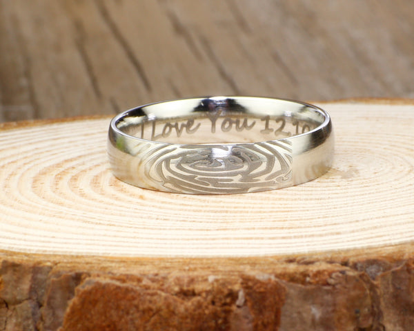 Your Actual Finger Print Rings, Handmade Women Dome RINGS - Matte Silver Titanium Rings 5mm