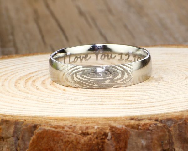 Your Actual Finger Print Rings, Handmade Women Dome RINGS - Matte Silver Titanium Rings 5mm