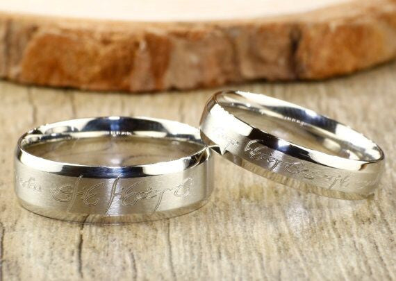 Custom Personalized Your words in Elvish Tengwar Lord of the Rings Matt Blue Wedding Anniversary Titanium Rings Set - jringstudio