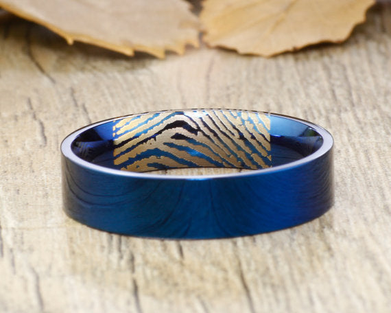 Your Actual Finger Print Rings, Handmade Blue Flat Polish Plain Finger Print Ring, Wedding Band, Men Ring, Titanium Ring, Anniversary Ring