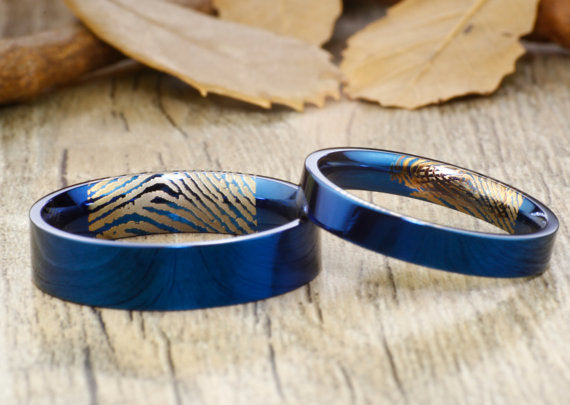 Your Actual Finger Print Rings, Handmade Blue Flat Plain Matching Wedding Bands, His and Her Couple Ring, Titanium Anniversary Rings Set