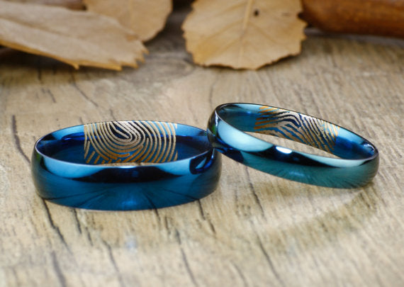 Your Actual Finger Print Rings, Handmade Blue Anywords His&Her Matching Wedding Engagement Titanium Rings Set Court Shape