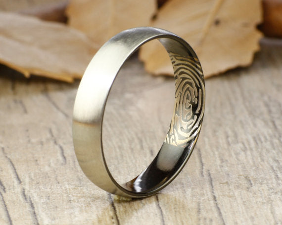Your Actual Finger Print Rings, Handmade Women Dome RINGS - Two Tone Black Titanium Ring 5mm