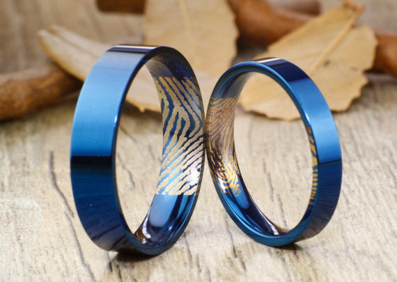 Your Actual Finger Print Rings, Handmade Blue Flat Plain Matching Wedding Bands, His and Her Couple Ring, Titanium Anniversary Rings Set