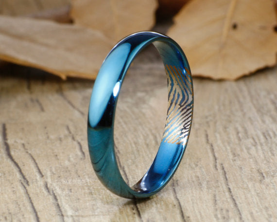 Your Actual Finger Print Rings, Thumb Print Rings WEDDING RING - Women RIng, Dome Blue Titanium Rings 4mm