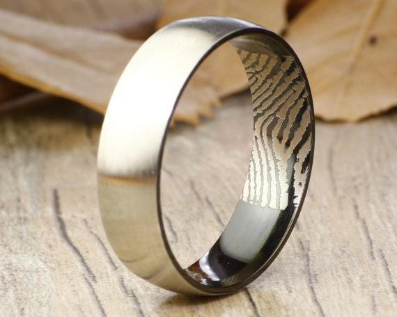 Your Actual Finger Print Rings, Handmade Men Dome RINGS - Two Tone Black Titanium Rings 7mm