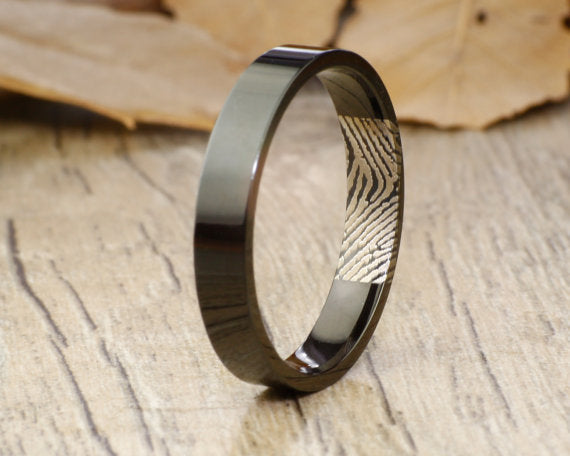 Your Actual Finger Print Rings, WEDDING RING - Women Ring, Black Titanium Rings 4mm