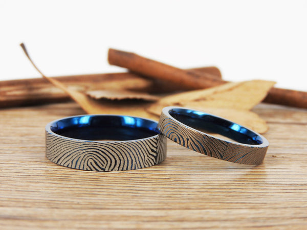 Your Actual Finger Print Rings, Family Fingerprints, Matching FingerPrint Ring,  His & Hers  Matching Blue Titanium Wedding Bands Rings Set