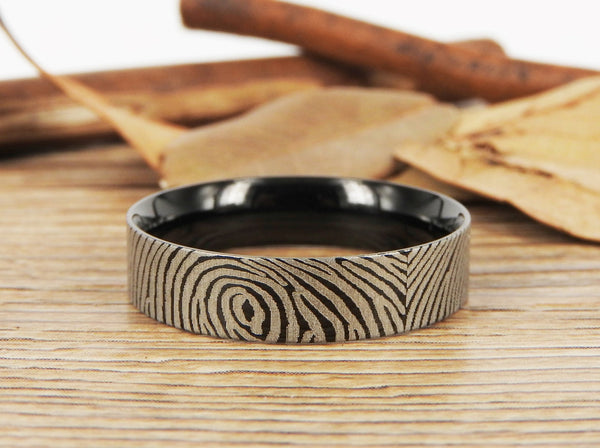 Your Actual Finger Print Rings, Family Fingerprints, Friendship Rings, Men Ring, Father's Gift, WEDDING RING - Black Titanium Rings 6mm
