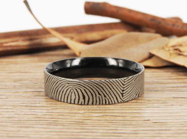 Your Actual Finger Print Rings, Family Fingerprints, Friendship Rings, Men Ring, Father's Gift, WEDDING RING - Black Titanium Rings 6mm