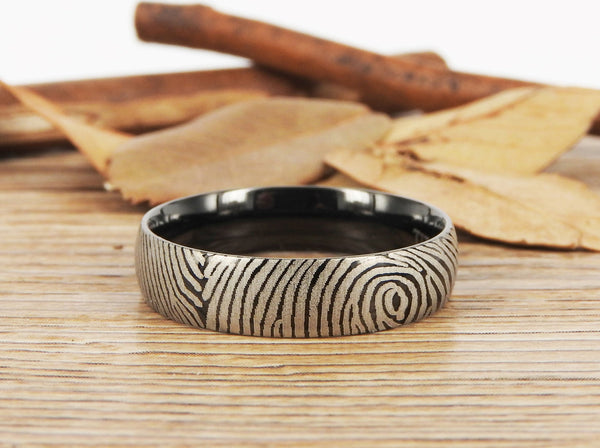 Your Actual Finger Print Rings, Family Fingerprints, Friendship Rings, Men Ring, Father's Gift, WEDDING RING - Black Titanium Rings 6mm