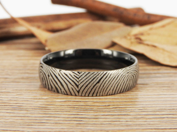 Your Actual Finger Print Rings, Family Fingerprints, Friendship Rings, Men Ring, Father's Gift, WEDDING RING - Black Titanium Rings 6mm