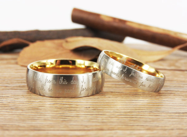 Handmade Your Marriage Vow & Signature Rings Wedding Rings, Two Tones Matching Wedding Bands, Titanium Couple Rings Set