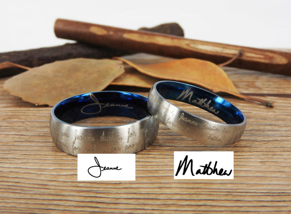 Handmade Your Marriage Vow & Signature Rings Wedding Rings, Two Tones Matching Wedding Bands, Titanium Couple Rings Set