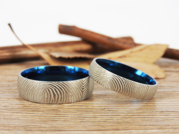 Your Actual Finger Print Rings, WEDDING RING, Family Fingerprints, Matching FingerPrint Ring, Blue Wedding Titanium Rings Set