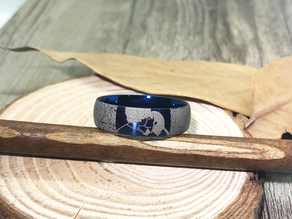Handmade Fingerprint Comic Rings set, Love Rings, Kiss Matching Wedding Rings Titanium, Blue Mens Rings 6mm - jringstudio