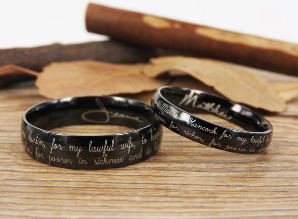 Handmade Your Marriage Vow & Signature Rings Wedding Rings, Black Matching Wedding Bands, Titanium Couple Rings Set