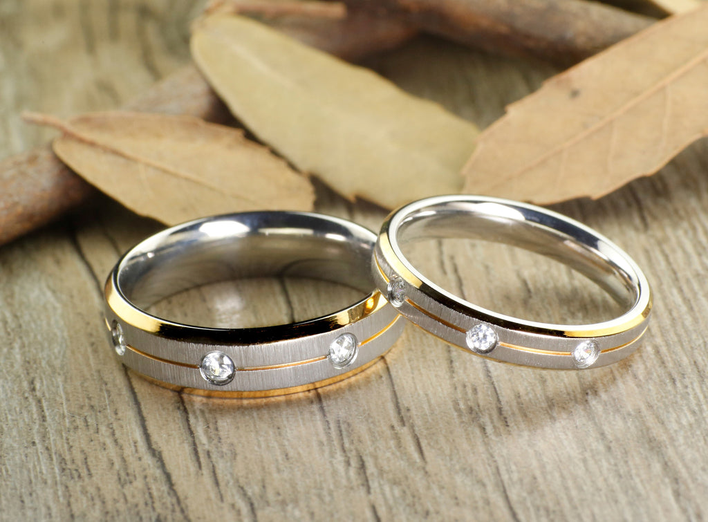 His & Hers Cz Wedding Ring Set Stainless Steel & Mens Titanium Wedding Ring  Set