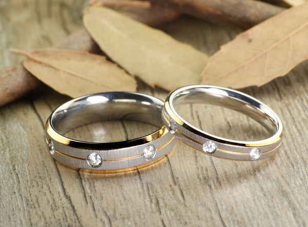 His and Her Couple, Two Tone Gold & White Gold, Matt, Diamonds Wedding Titanium Rings Set