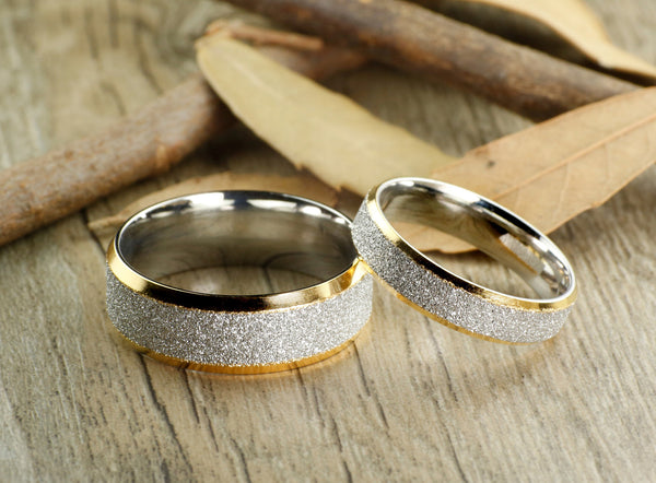 Handmade Two Tone Sparkle Gold His&Her Matching Wedding Anniversary Titanium Rings Set Comfort Fit