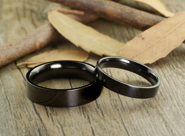 Handmade Black Flat Plain Matching Wedding Bands, Couple Rings Set, Titanium Rings Set, Anniversary Rings Set - jringstudio