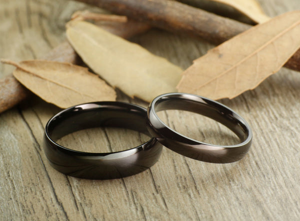 Handmade Black Dome Plain Matching Wedding Bands, Couple Rings Set, Titanium Rings Set, Anniversary Rings Set - jringstudio