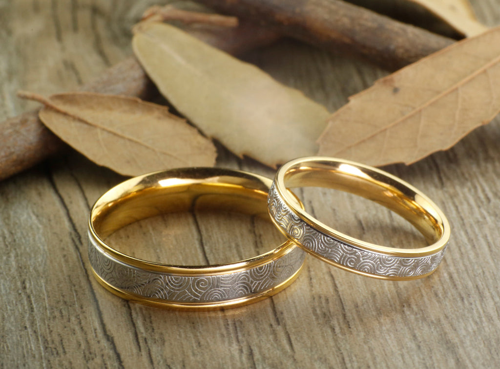 Handmade Gold Wedding Bands, Couple Rings Set, Titanium Rings Set