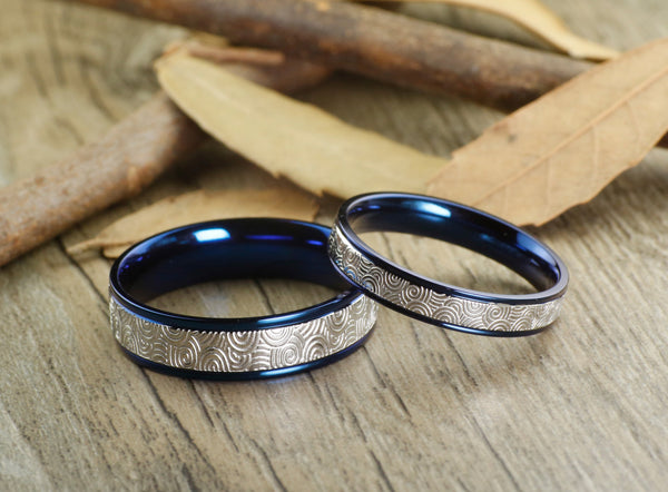 Unique Blue Wedding Bands, Couple Rings Set, Titanium Rings Set, Anniversary Rings Set