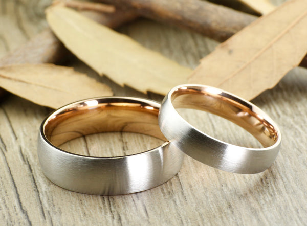 Handmade Rose Gold Matte Wedding Bands, Couple Rings Set, Titanium Rings Set, Anniversary Rings Set