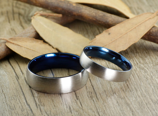 Handmade Blue Matte Wedding Bands, Couple Rings Set, Titanium Rings Set, Anniversary Rings Set - jringstudio