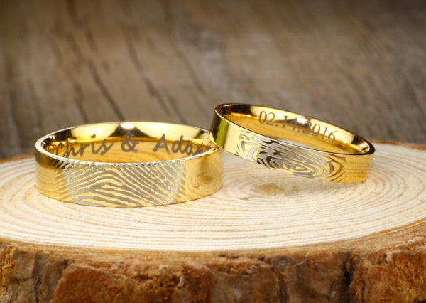 Your Actual Finger Print Rings, Handmade His and Hers Matching Anywords 18K Gold Wedding Engagement Rings Set