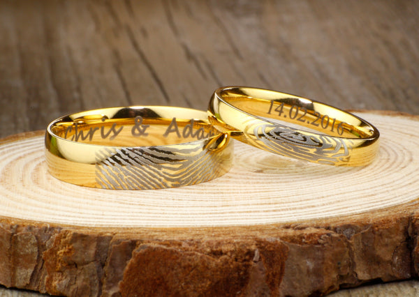 Your Actual Finger Print Rings, Special Custom Christmas Gifts for Couple, His & Hers Matching 18K Gold Wedding BandsTitanium Rings Set