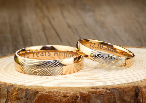 Your Actual Finger Print Rings, His and Her Promise Rings, Rose Gold Wedding Anniversary Titanium Rings Set