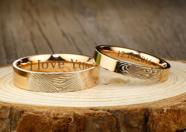 Your Actual Finger Print Rings, His and Her Rings, WEDDING RING - Rose Gold Groom&Bride Wedding Rings Set